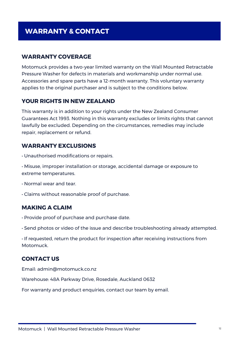 Motomuck pressure washer user guide, page 12 of 12