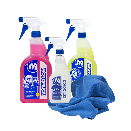 1 Litre Motomuck Auto Cleaner,  750ml  Radical Brake Dust Wheel Cleaner,  Microfibre towel and 500ml Waterless Wash Vehicle cleaning combo 